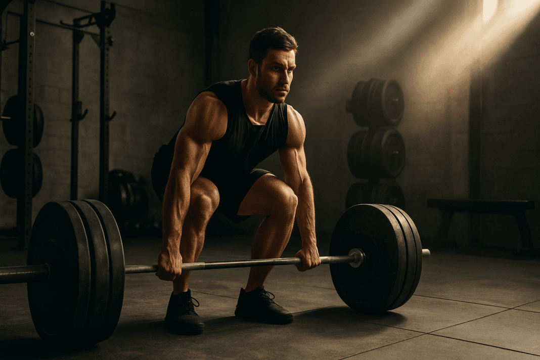 Essential Muscle-Building Tips to Get Bigger and Stronger Safely001 Muscular man deadlifting heavy barbell in a gym with focused expression, symbolizing discipline and strength to get bigger.