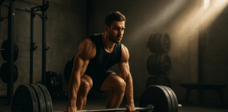 Muscular man deadlifting heavy barbell in a gym with focused expression, symbolizing discipline and strength to get bigger.