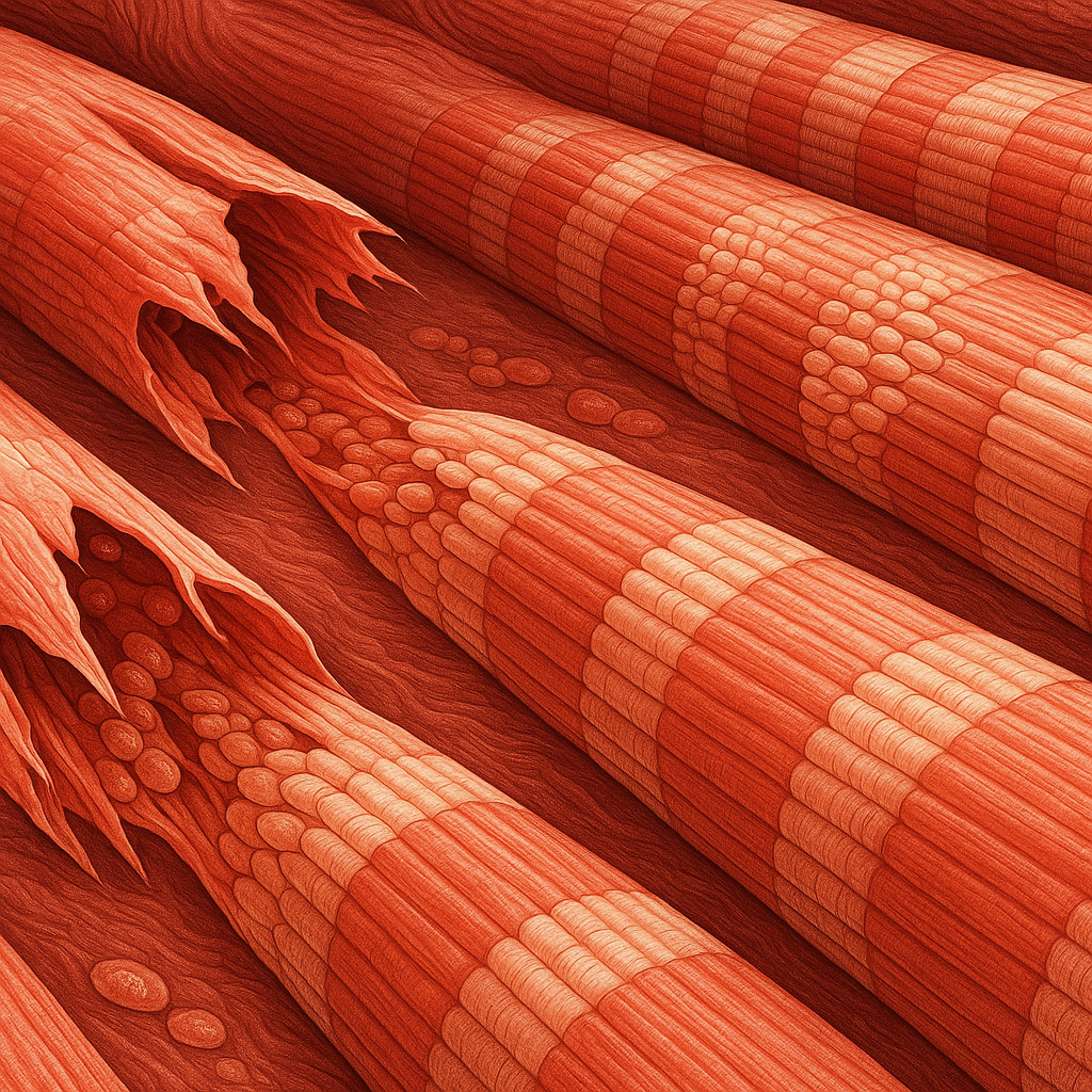 Muscle fibers repairing and thickening through protein synthesis, illustrating how muscles get bigger after strength training