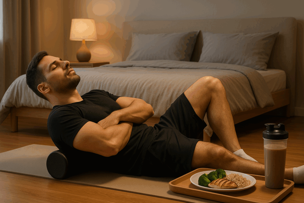 Athlete resting on a foam roller in a quiet bedroom with a protein shake and balanced meal nearby, emphasizing recovery to get bigger.