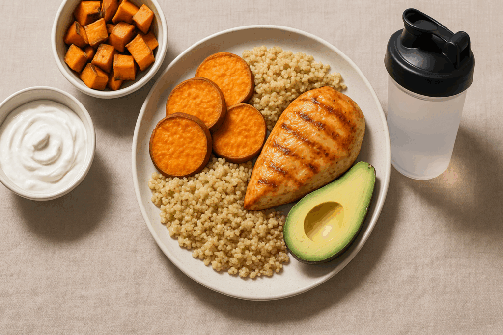 Macro-balanced meal with grilled chicken, sweet potatoes, quinoa, avocado, Greek yogurt, and a shaker bottle to help get bigger with clean nutrition
