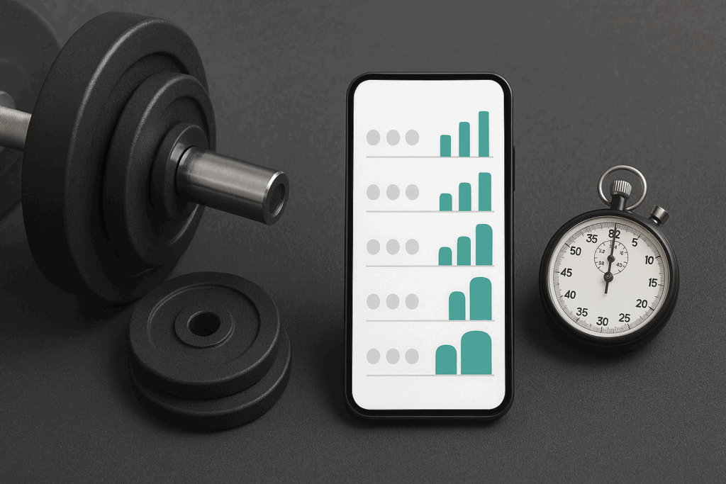 Strength training setup with a digital progress tracker, barbell, and stopwatch—tools to help get bigger through consistent workouts.