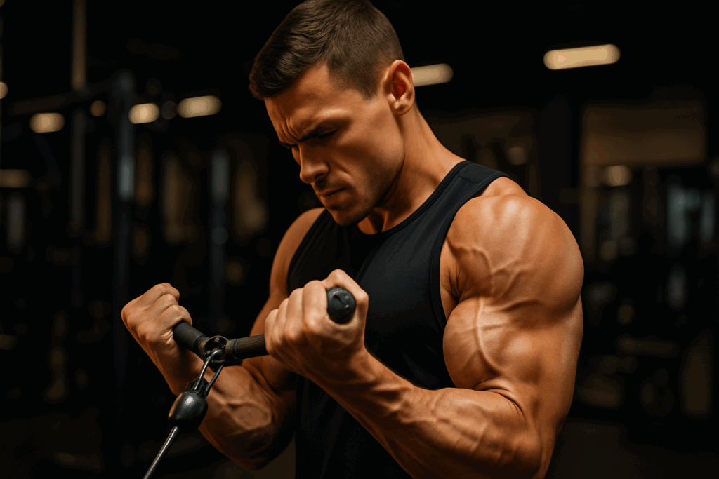 Athlete performing a cable bicep curl with intense focus in a gym, highlighting muscle engagement to get bigger arms.