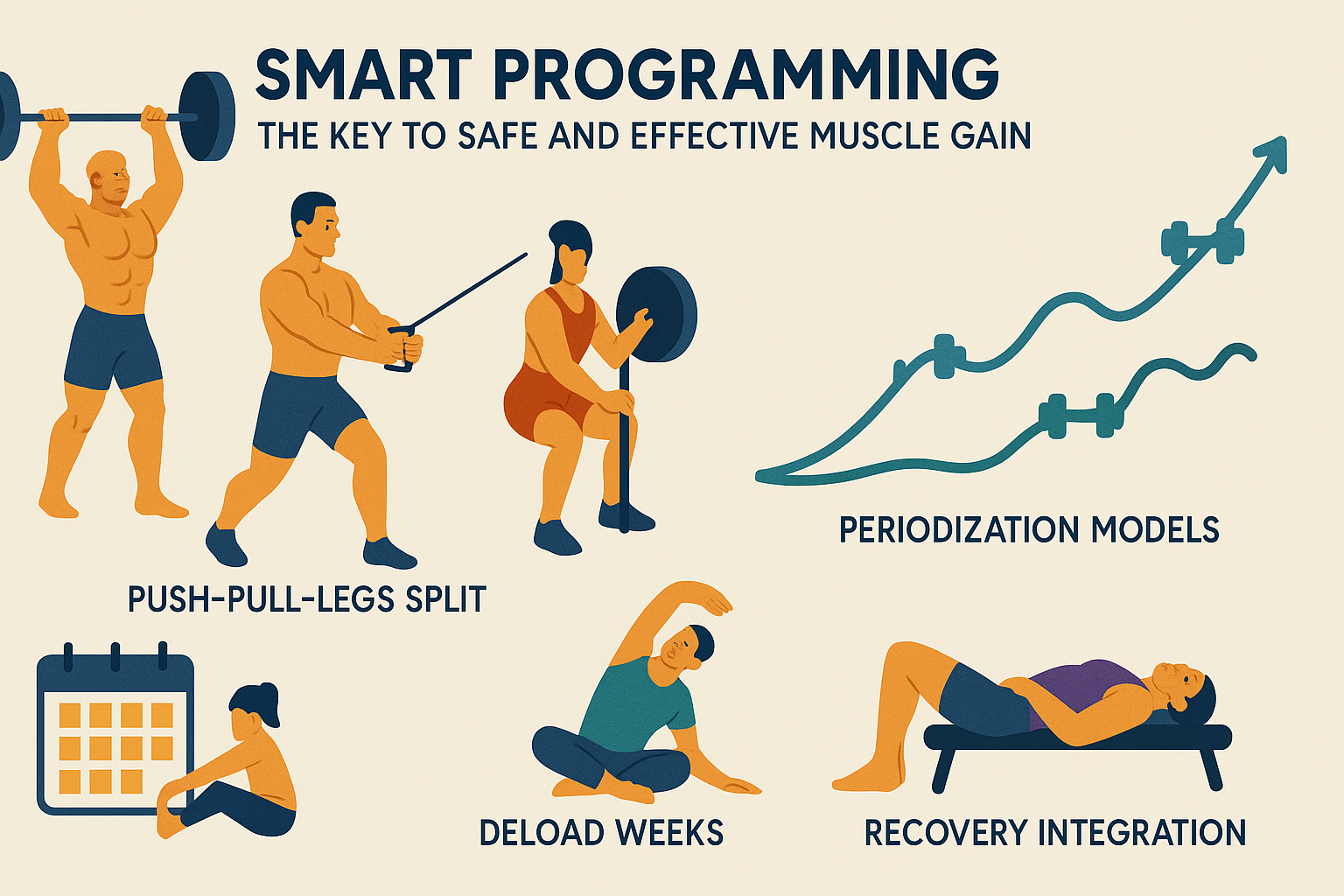 Infographic showing smart training methods like push-pull-legs splits, periodization, deloads, and recovery to help lifters get bigger safely