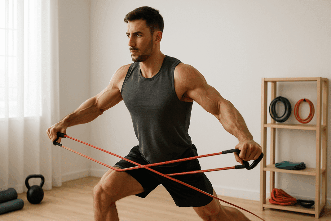 Master Total-Body Fitness with This Powerful Guide to Resistance Band Training for Men_01 Athletic man pulling resistance bands in a modern home gym with kettlebells for resistance band training for men.