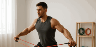 Athletic man pulling resistance bands in a modern home gym with kettlebells for resistance band training for men.