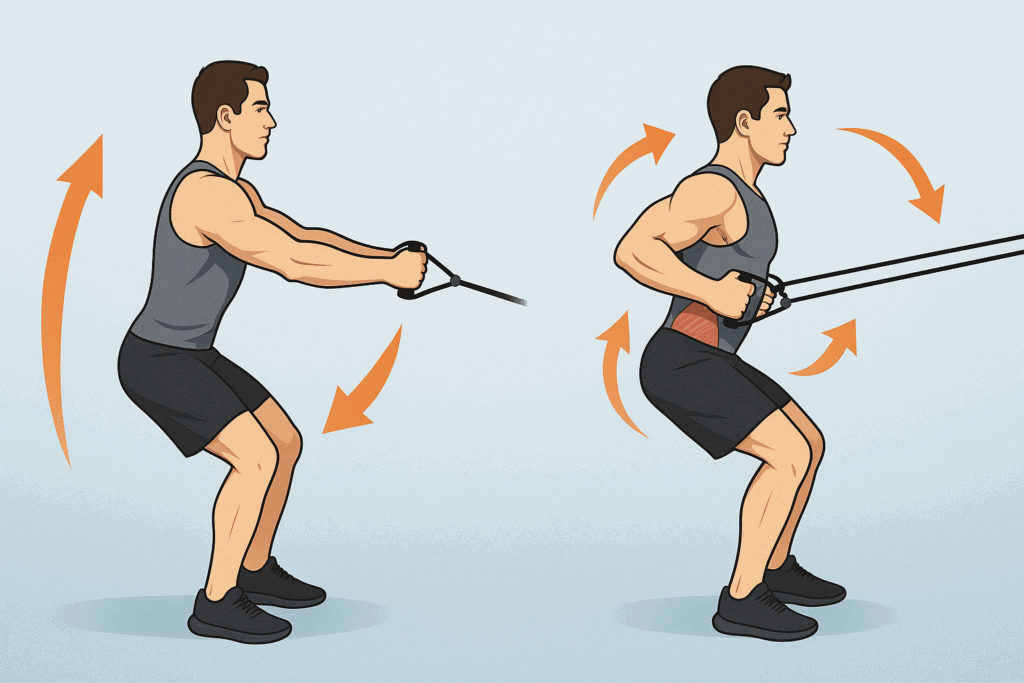 Two-stage diagram of a man performing rows with elastic bands, demonstrating variable resistance band training for men.