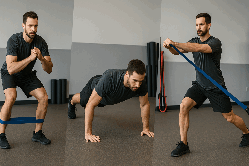 Man demonstrating resistance band training for men with lateral band walks, resisted push-ups, and diagonal pulls in a gym.