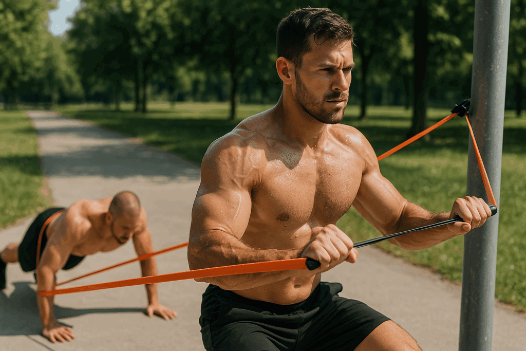 Two shirtless men performing resistance band training for men outdoors with standing rows and banded push-ups under natural light.