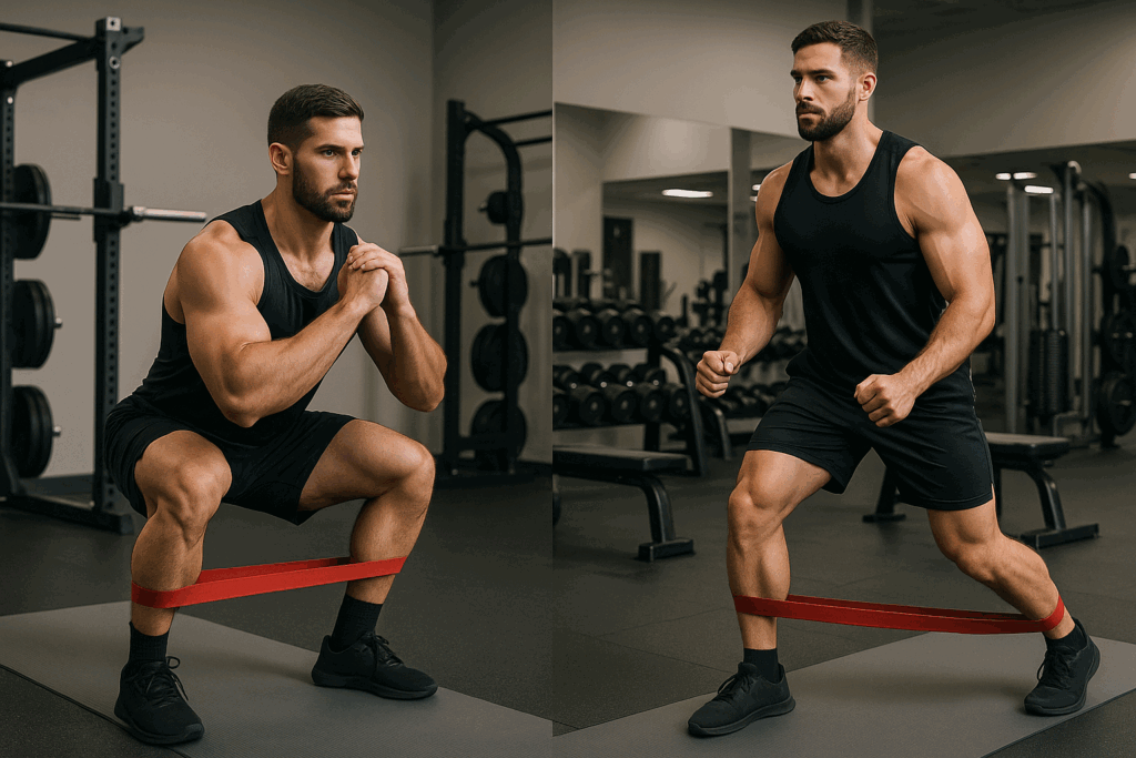 Man performing banded squats and lateral band walks in a gym to demonstrate resistance band training for men.