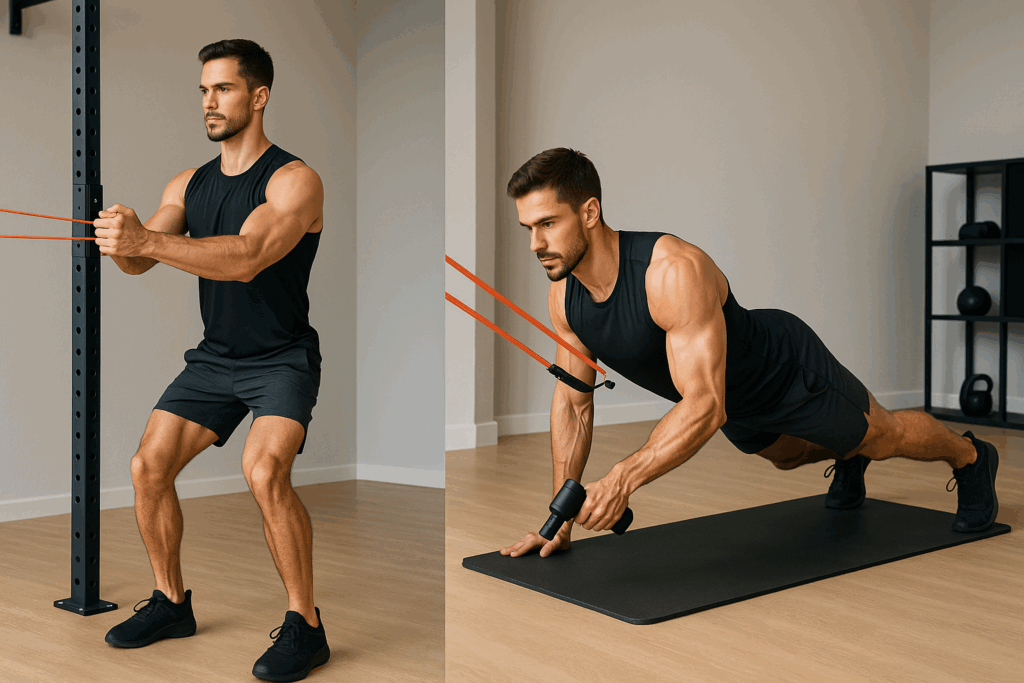 Man performing Pallof press and band-resisted plank row in gym, demonstrating core-focused resistance band training for men.