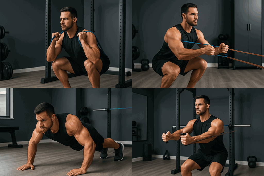 Man performing advanced resistance band training for men, including tempo squats, push-up drop sets, rows, and chest presses in a home gym.