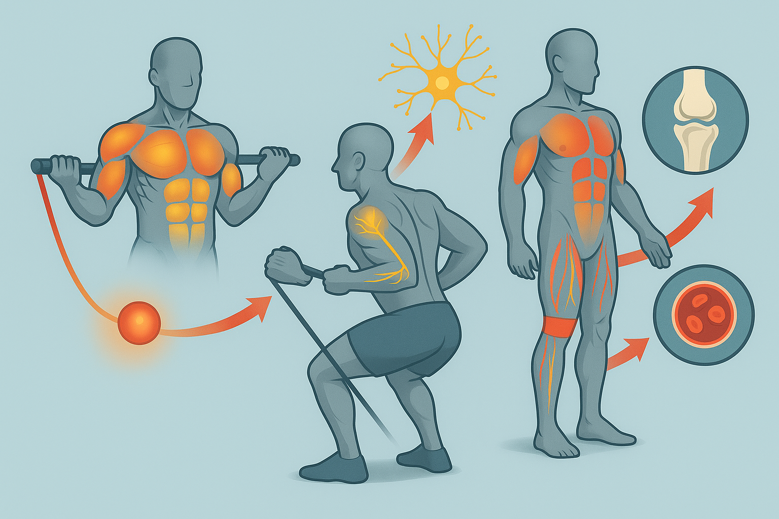 Scientific infographic showing muscle activation, neural response, joint support, and blood flow benefits of resistance band training for men.