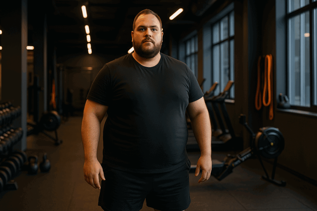 Confident plus-size man standing in modern gym surrounded by dumbbells, rower, resistance bands for a fat guy workout.