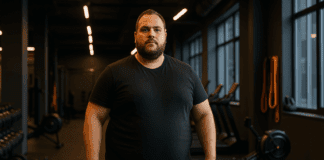 Confident plus-size man standing in modern gym surrounded by dumbbells, rower, resistance bands for a fat guy workout.