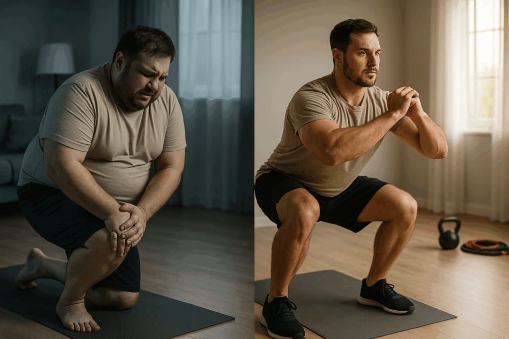 Side-by-side view of an overweight man starting a fat guy workout, showing early struggle and progress through bodyweight squats.