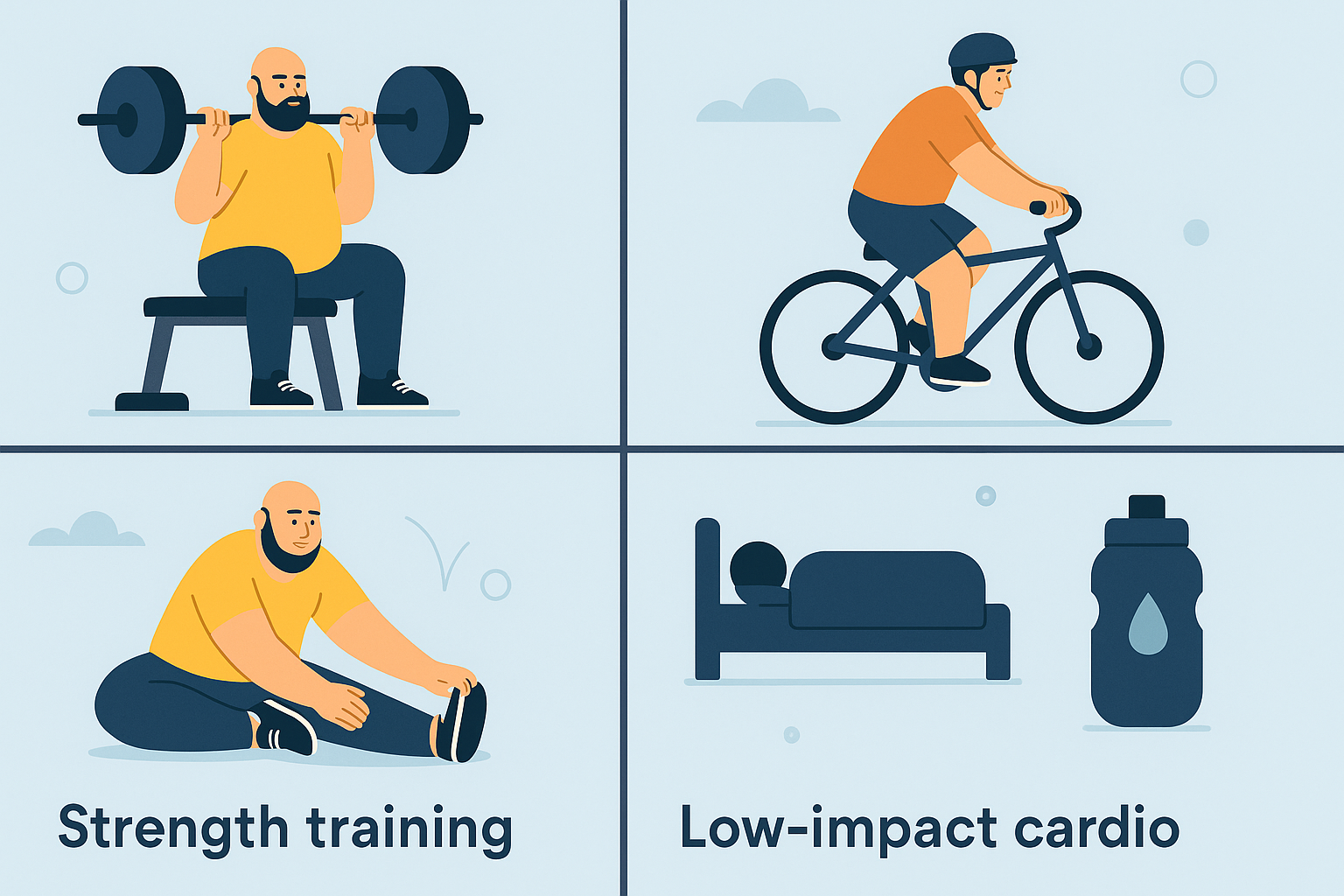 Illustrated infographic showing strength training, cardio, stretching, and recovery as core parts of a balanced fat guy workout.