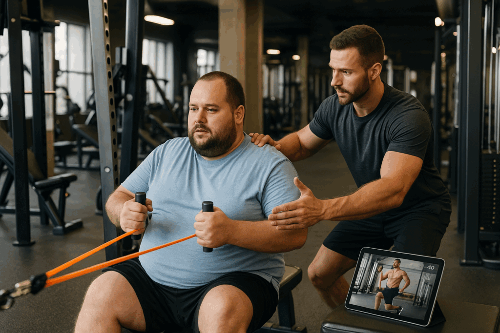 Trainer guiding a plus-size man through seated rows during fat guy workout in supportive gym environment.