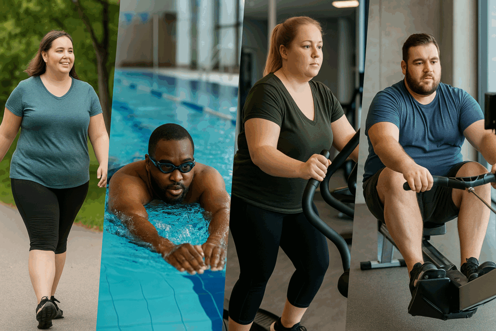 Diverse individuals performing a fat guy workout including walking, swimming, elliptical use, and rowing for low-impact fitness.