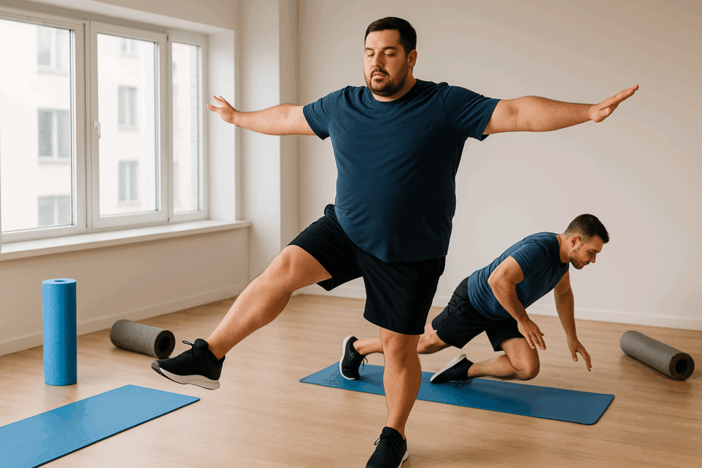 Plus-size man performing dynamic warm-up moves on a yoga mat in a bright studio, demonstrating a fat guy workout for mobility.