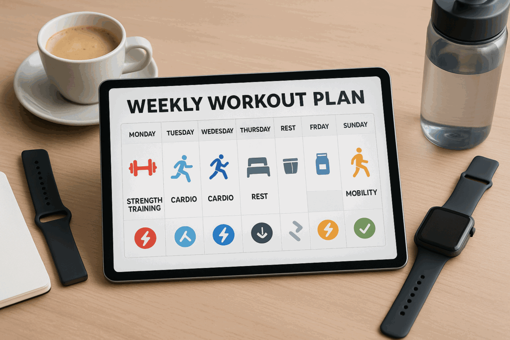 Weekly workout planner on a tablet with icons for strength, cardio, rest, and mobility—ideal for starting a fat guy workout routine.