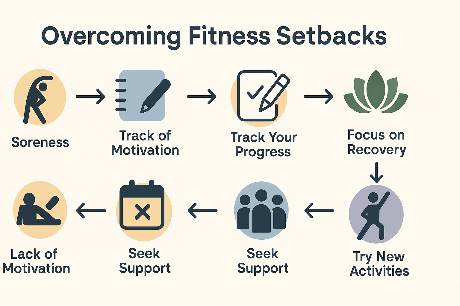 Checklist-style infographic outlining fat guy workout strategies to overcome soreness, missed sessions, low motivation, and fitness plateaus.