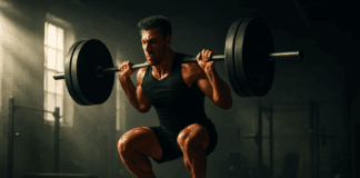 Athlete mid-air performing weighted jump squat in gym, showcasing explosive leg exercises with intense muscle definition.