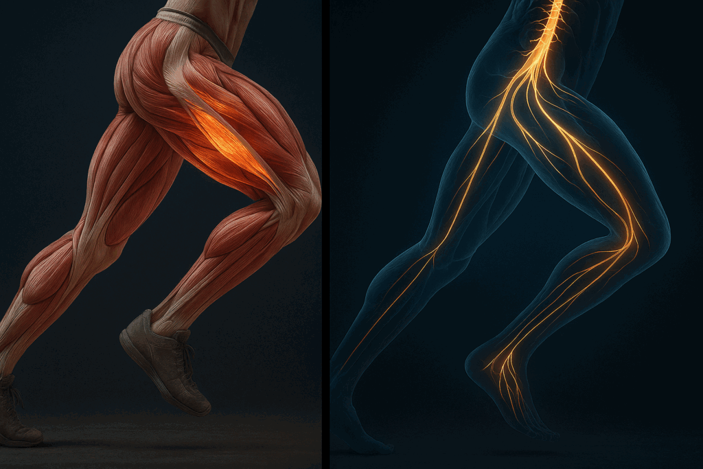 Muscular human leg performing explosive leg exercises with highlighted Type II fibers and neural activation from spinal cord