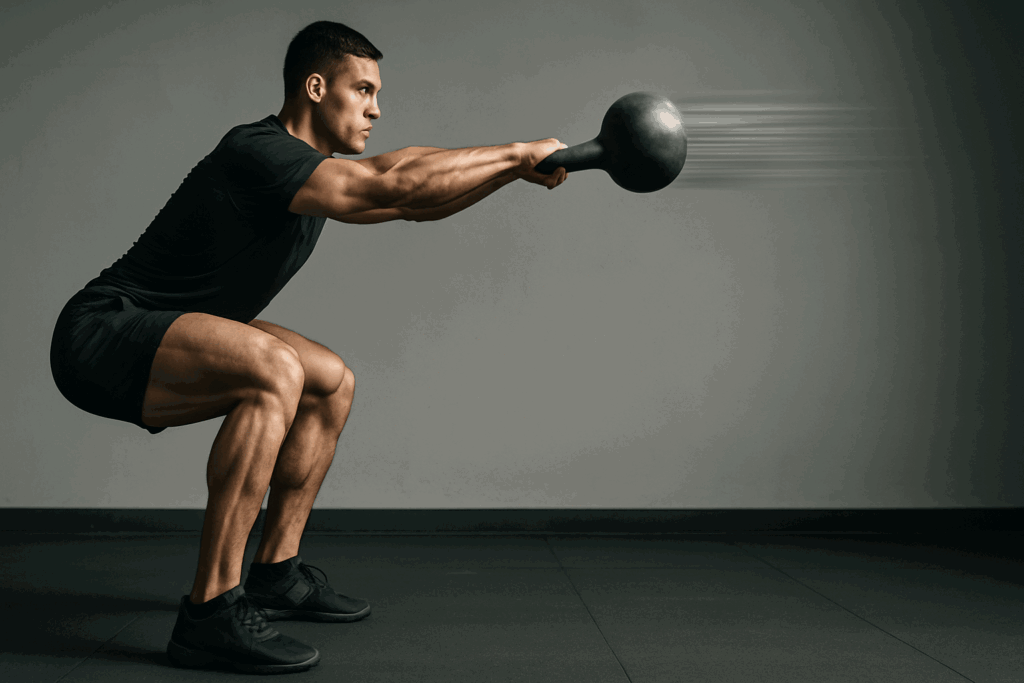 Athletic man performing kettlebell swing in a gym, demonstrating explosive leg exercises with strong hip drive and glute activation