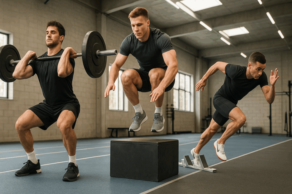 Three male athletes performing explosive leg exercises indoors: a hang clean, a depth jump, and a sprint start captured mid-motion.