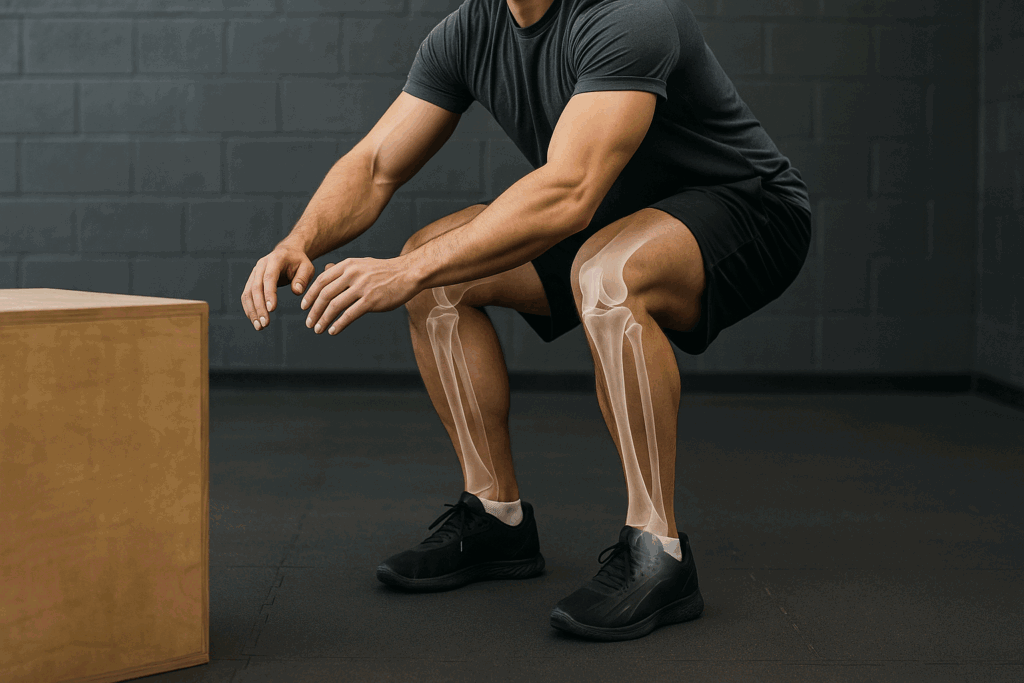 Athlete landing from a box jump in a gym with proper form, demonstrating explosive leg exercises for joint stability.
