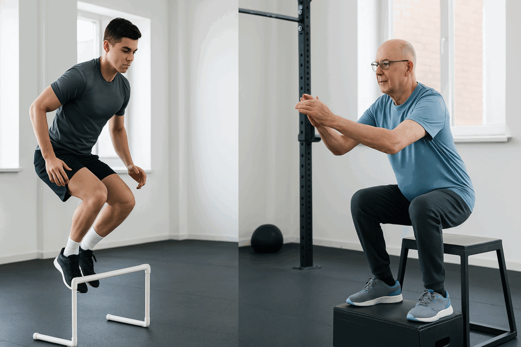 Younger athlete doing hurdle hops and older adult performing a seated box jump, both demonstrating explosive leg exercises in a gym setting.