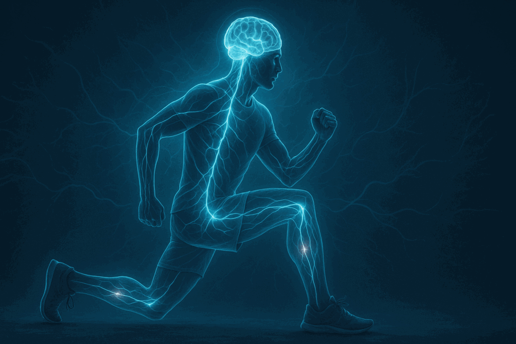 Athlete performing explosive leg exercises with glowing neural pathways connecting brain and legs, symbolizing brain-body coordination