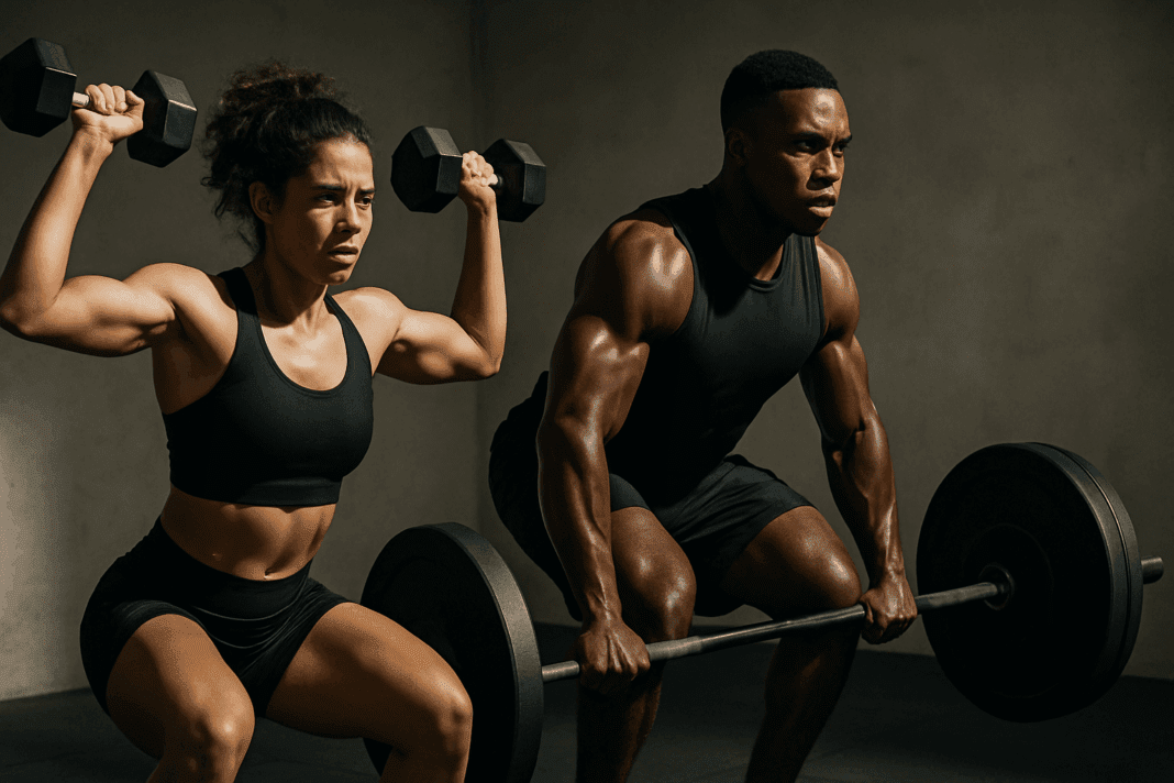 Powerful Results in Less Time Your Essential 30 Minute Workout with Weights for Muscle and Strength001 Fit man and woman mid-30 minute workout with weights, performing barbell and dumbbell lifts in a minimalist gym.