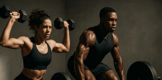 Powerful Results in Less Time: Your Essential 30 Minute Workout with Weights for Muscle and Strength Fit man and woman mid-30 minute workout with weights, performing barbell and dumbbell lifts in a minimalist gym.