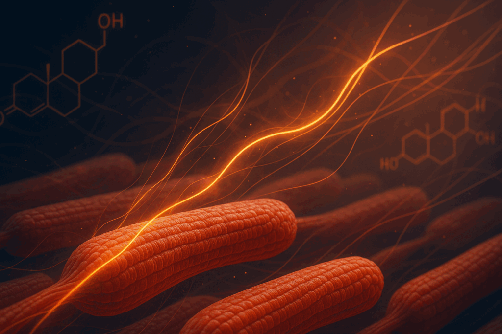 Abstract muscle fibers activating under tension, with hormone visuals, symbolizing a 30 minute workout with weights