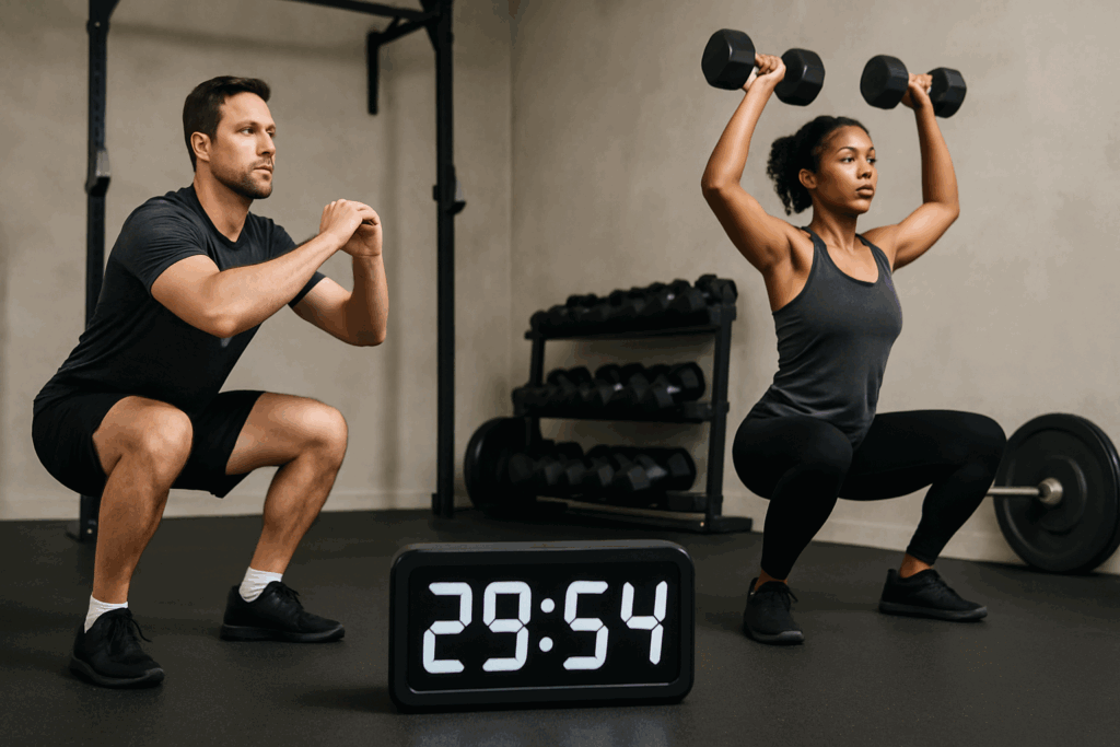 Man doing squats and woman lifting dumbbells during a 30 minute workout with weights in a compact gym circuit setup.