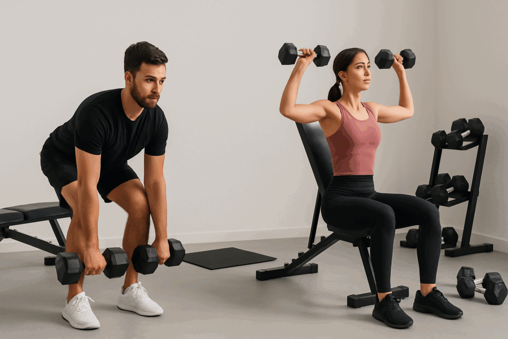 Man doing dumbbell deadlifts and woman performing shoulder presses in a minimalist home gym during a 30 minute workout with weights