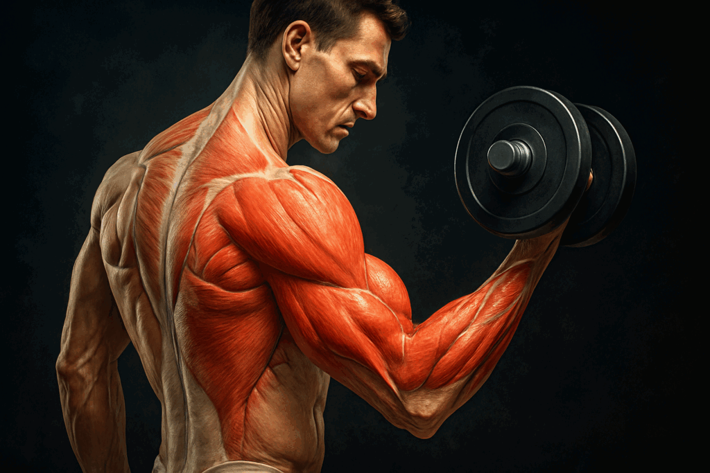 Man performing slow eccentric bicep curl during 30 minute workout with weights, highlighting active upper body muscles.