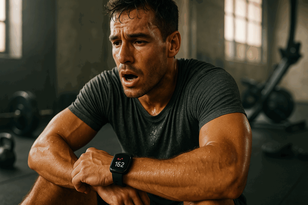 Sweaty man catching his breath after a 30 minute workout with weights, showing elevated heart rate on smartwatch in gym setting.