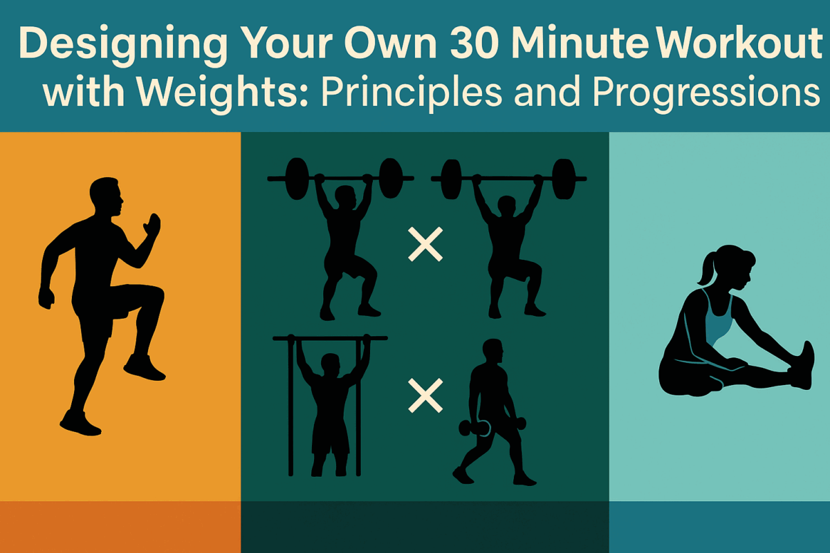 Infographic visualizing a 30 minute workout with weights, including dynamic warm-up, strength training supersets, and cooldown stretches