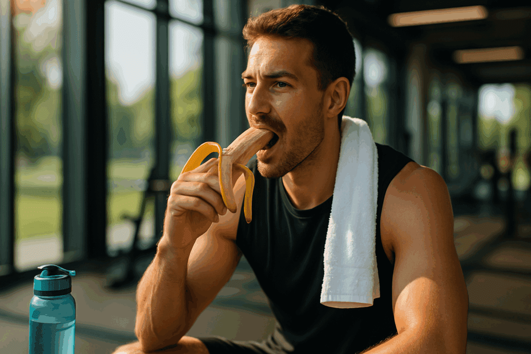 Fit man eating a banana in a sunlit gym with towel and water bottle nearby, illustrating the question: are bananas good for post workout.