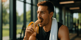 Fit man eating a banana in a sunlit gym with towel and water bottle nearby, illustrating the question: are bananas good for post workout.