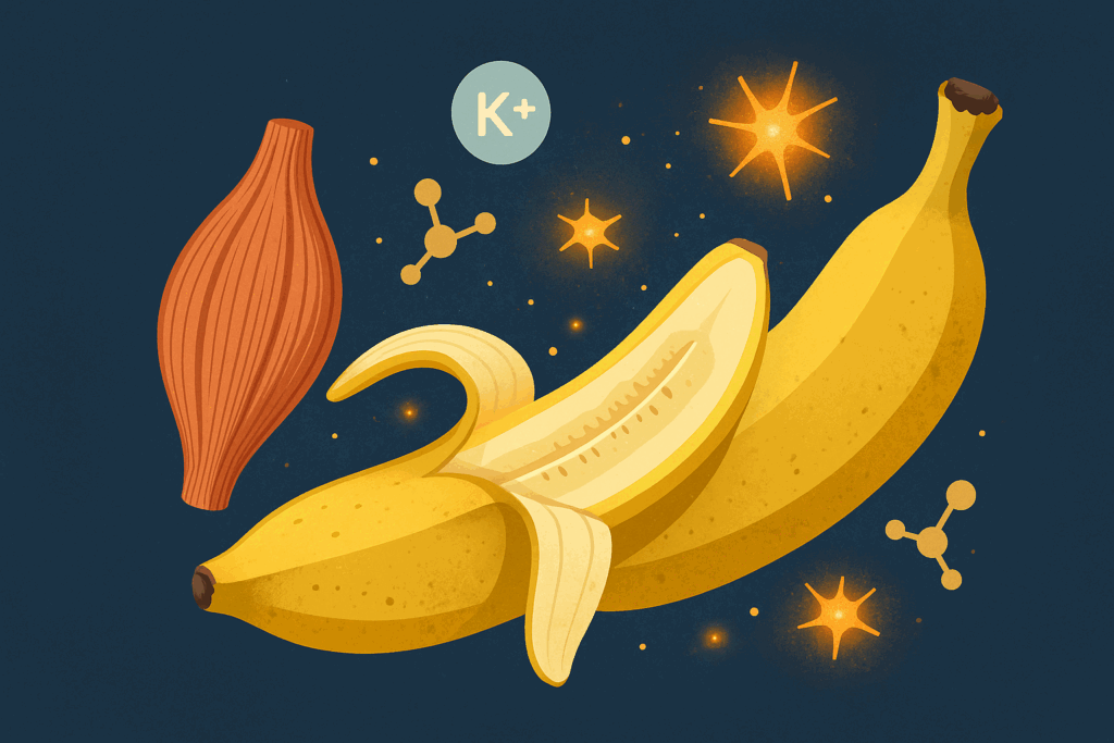 Cutaway illustration of a banana surrounded by muscle fibers, potassium ions, and recovery molecules, answering are bananas good for post workout.