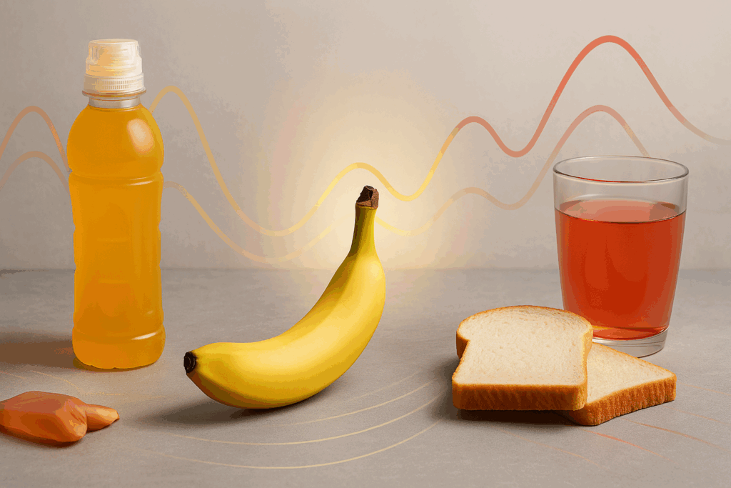 Banana centered among white bread and sports drinks, visually comparing energy effects to explore are bananas good for post workout nutrition.