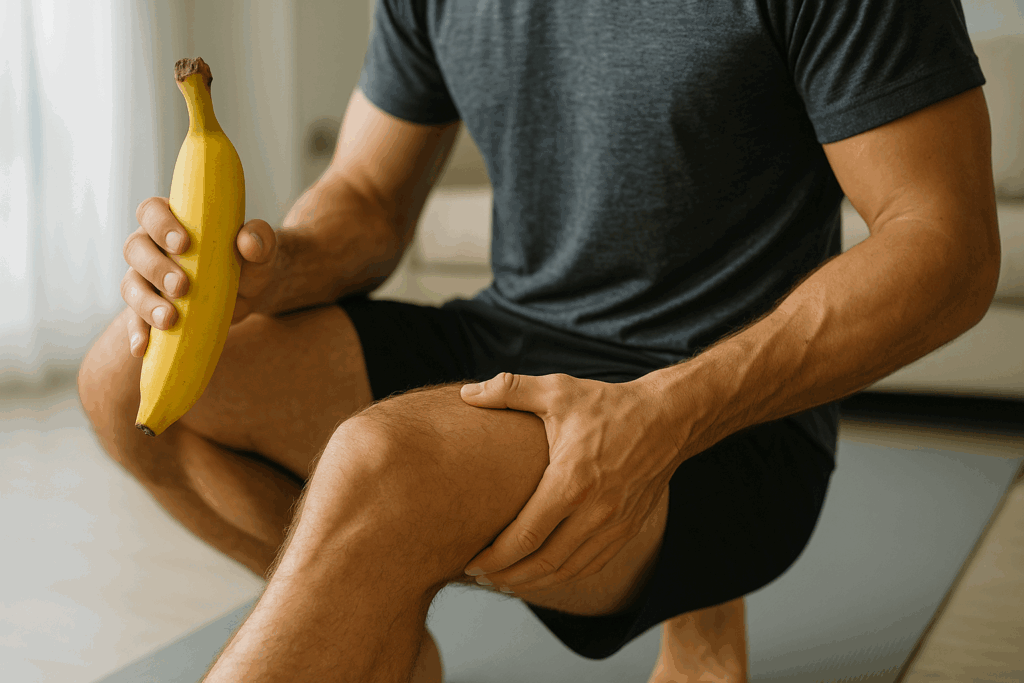 Athletic man massaging sore calf while holding a banana, suggesting the question are bananas good for post workout recovery.