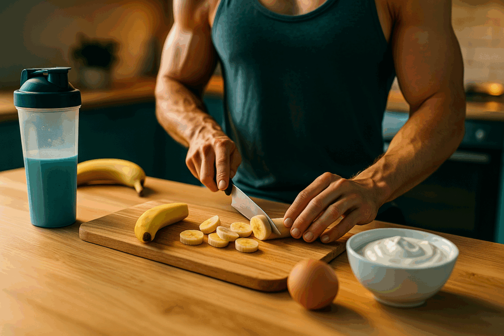 Muscular man slicing bananas beside yogurt, eggs, and a protein shake, illustrating are bananas good for post workout recovery meals.