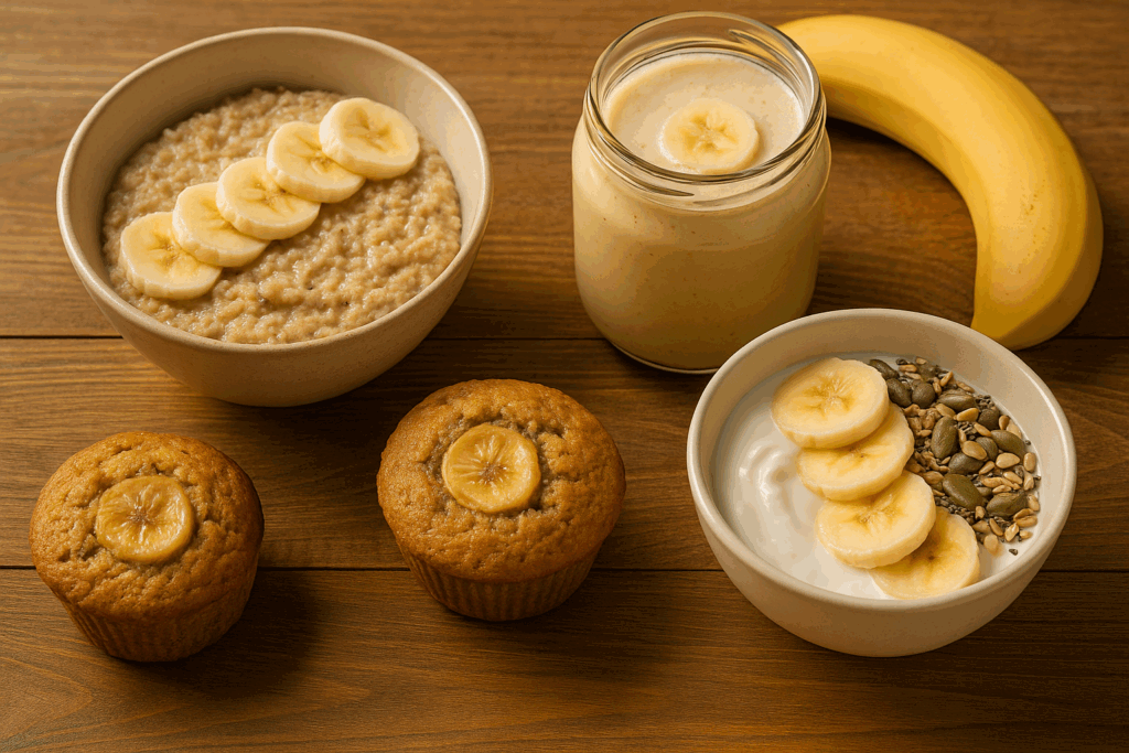 Flat lay of banana-based post-workout snacks including oatmeal, smoothie, muffins, and yogurt bowl showing variety in answering are bananas good for post workout.