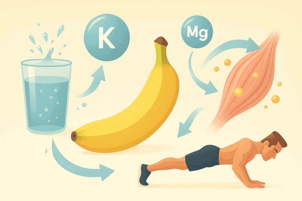 Banana with water, potassium, and magnesium icons flowing toward muscle fibers, illustrating hydration benefits and answering are bananas good for post workout.
