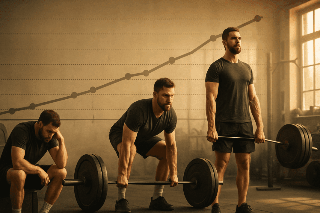 The Surprising Truth About Lifting Weights Everyday for Strength and Muscle Growth001 Man in a gym showing transformation by lifting weights everyday, from fatigue to strength along a timeline backdrop.